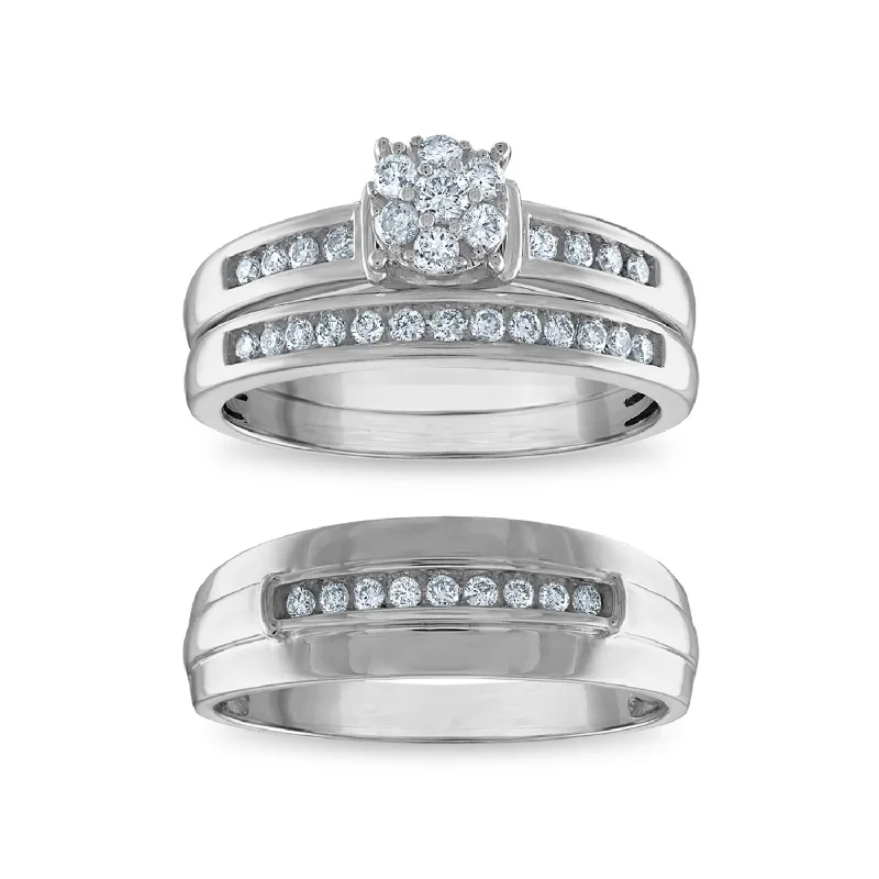 Ridge motif ring-EcoLove 1/2 CTW Lab Grown Diamond Cluster Wedding Trio Set in 10KT White Gold