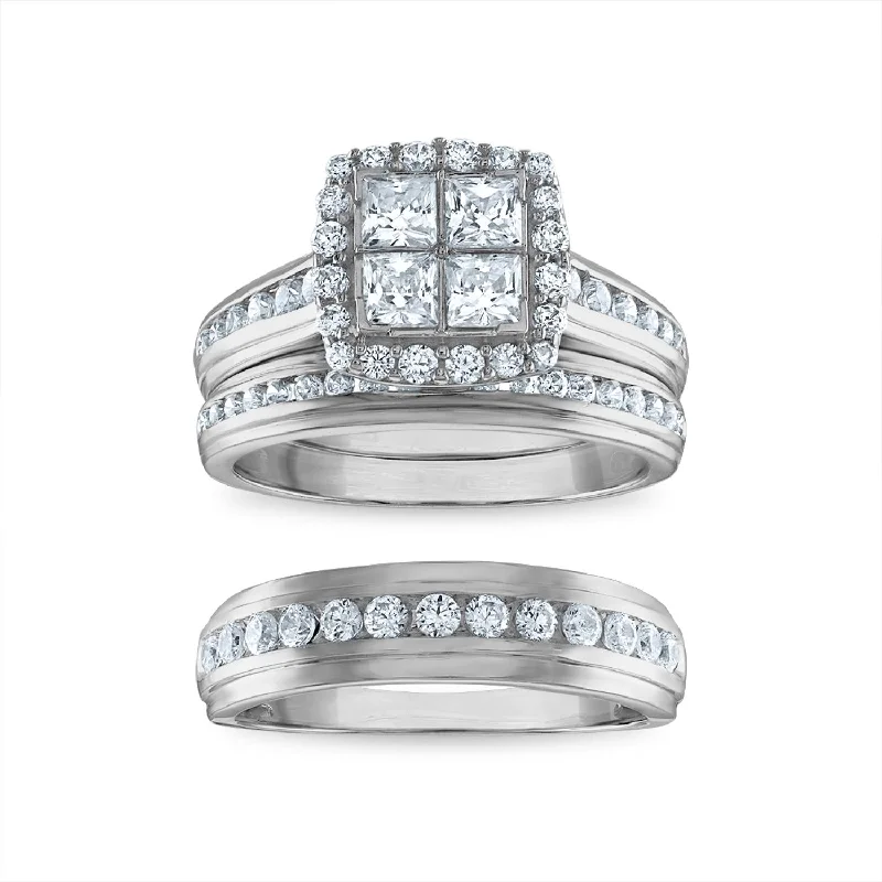 Rough-edge ring-EcoLove 2 CTW Lab Grown Diamond Halo Wedding Trio Set in 10KT White Gold