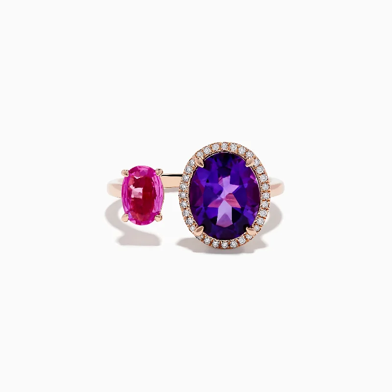 Worn-edge ring-14K Rose Gold Amethyst, Pink Sapphire, and Diamond Toi Et Moi Ring