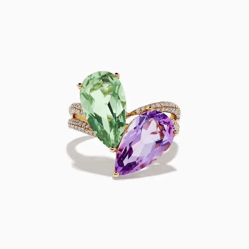 Scarred ring-14K Gold Diamond, Pink and Green Amethyst Toi Et Moi Ring