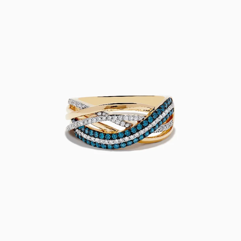 Wide-tier ring-Bella Bleu 14K Yellow Gold Blue and White Diamond Crossover Ring