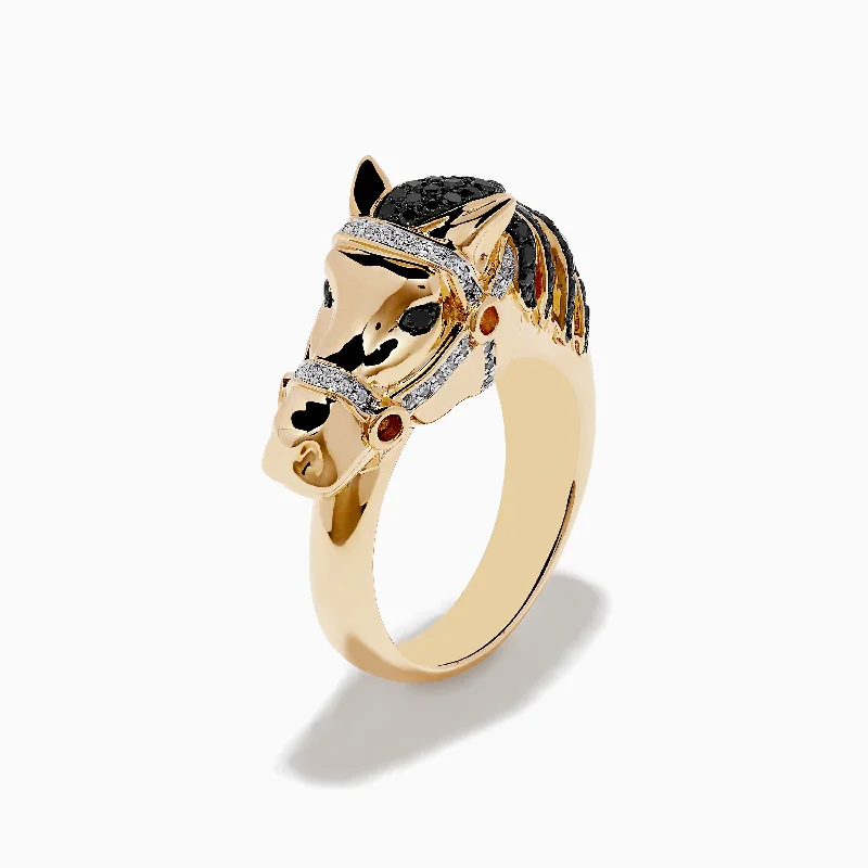 Divided shank ring-Safari 14K Yellow Gold Black Diamond Horse Ring