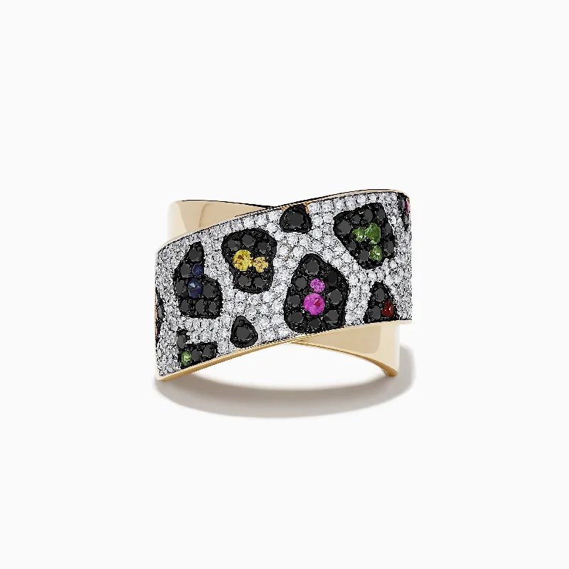 High cabochon ring-Signature 14K Yellow Gold Multi Sapphire, Black and White Diamond Ring