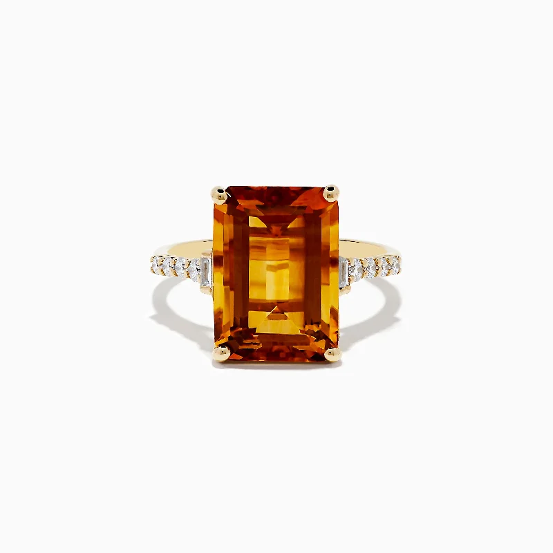 Striated edge ring-Sunset 14K Yellow Gold Citrine and Diamond Ring