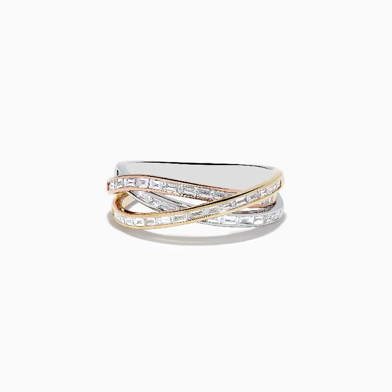 Flat-set stone ring-Trio 14K Tri Color Gold Crossover Diamond Band, 0.72 TCW