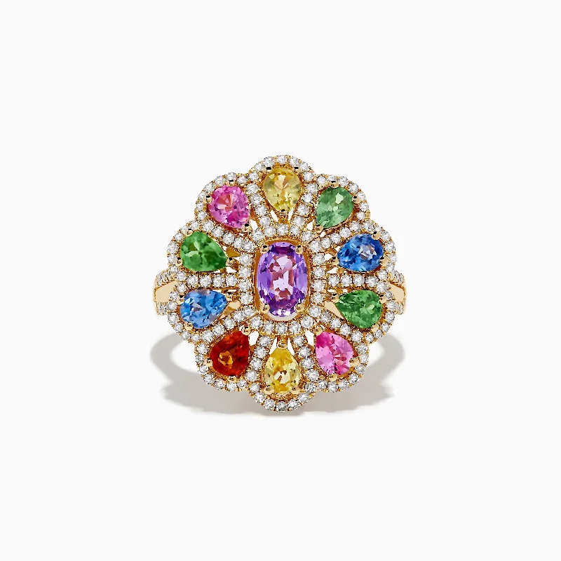 Shimmering minimalist ring-Watercolors 14K Yellow Gold Multi Sapphire and Diamond Ring