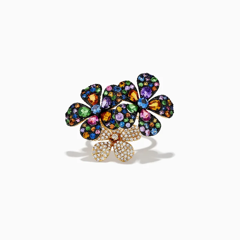 Firm gold ring-Watercolors 14K Yellow Gold Multi Sapphire & Diamond Flower Ring