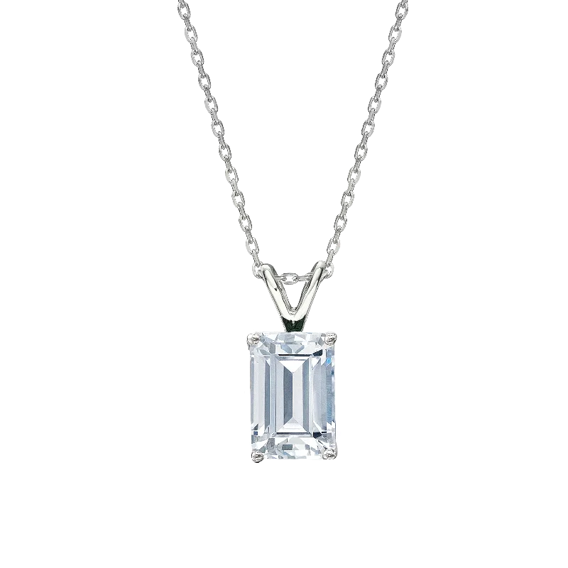 Light silver necklace-Emerald Cut solitaire pendant with 3 carat* diamond simulant in 10 carat white gold