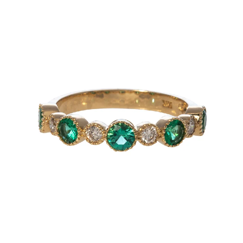 Satin iron ring-Emerald & Diamond Milgrain 14K Yellow Gold Halfway Band