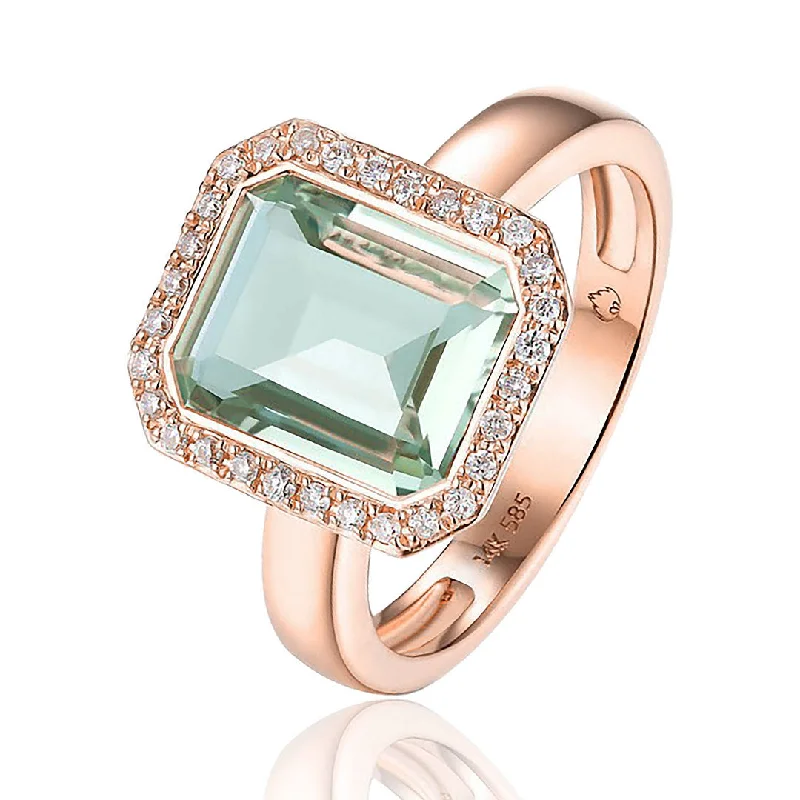 Shimmering citrine ring-Green Amethyst & Diamond 14K Rose Gold Ring