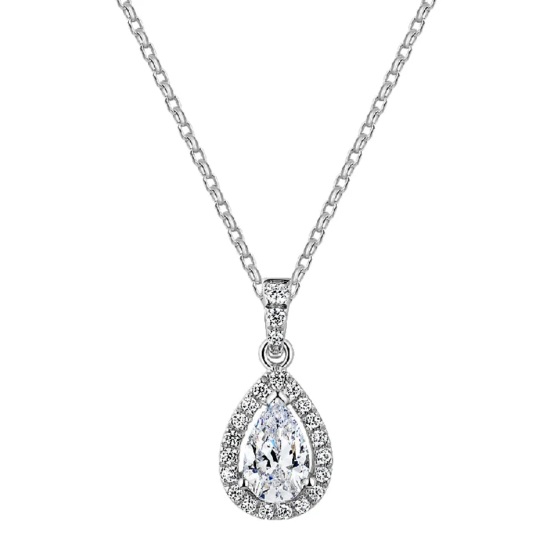 Textured iron necklace-Halo pendant with 0.98 carats* of diamond simulants in 10 carat white gold