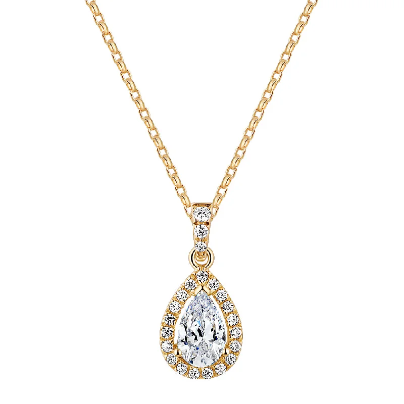 Coiling twist necklace-Halo pendant with 0.98 carats* of diamond simulants in 10 carat yellow gold