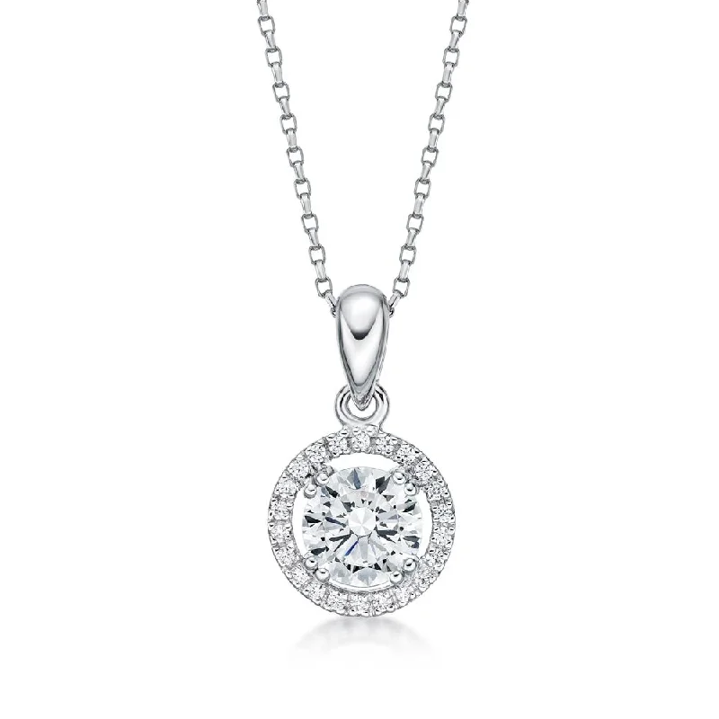 Braided fiber necklace-Halo pendant with 1.16 carats* of diamond simulants in 10 carat white gold