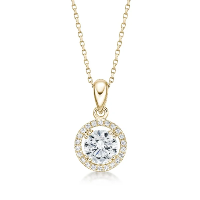 Ridge motif necklace-Halo pendant with 1.16 carats* of diamond simulants in 10 carat yellow gold