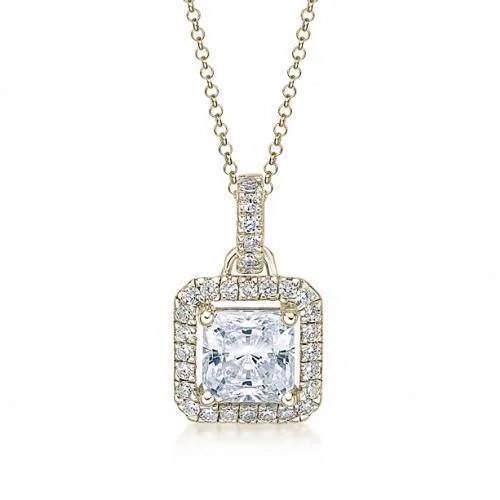 Stem-twist necklace-Halo pendant with 1.43 carats* of diamond simulants in 10 carat yellow gold