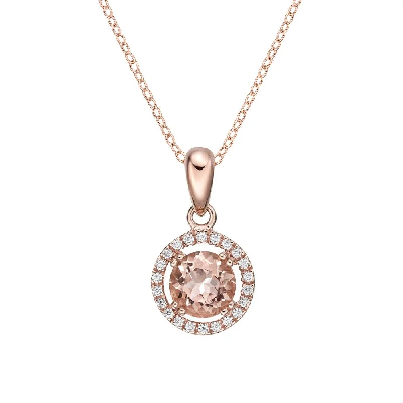 Shimmering ruby necklace-Halo pendant with morganite simulant and 1.13 carats* of diamond simulants in 10 carat rose gold