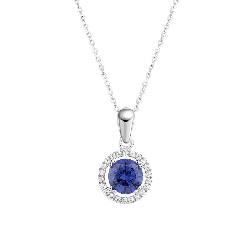 Extended gem necklace-Halo pendant with tanzanite simulant and 1.13 carats* of diamond simulants in 10 carat white gold