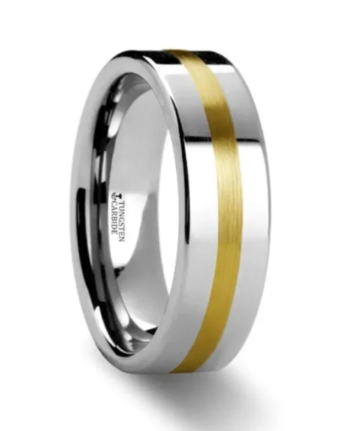 Rustic finish ring-HARRISBURG 14KY Gold Inlaid Flat Tungsten Wedding Ring - 6mm