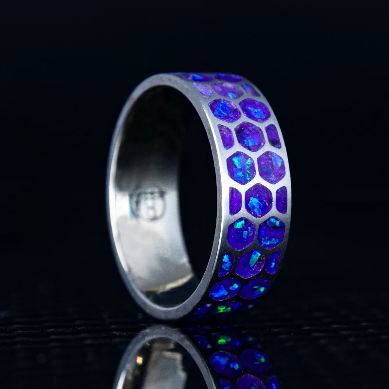 Subtle filigree ring-Hexagon Lavender Opal Glowstone Ring on Titanium