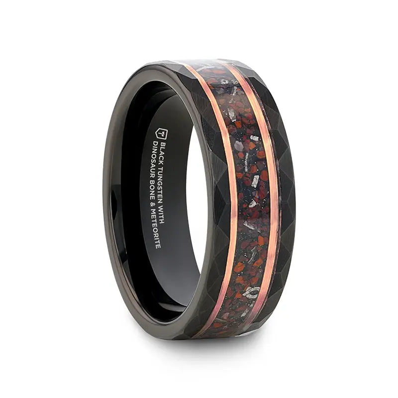 Extended gem ring-INFERNO Black/Rose Hammered Tungsten Ring with Dinosaur Bones and Meteorite - 8mm