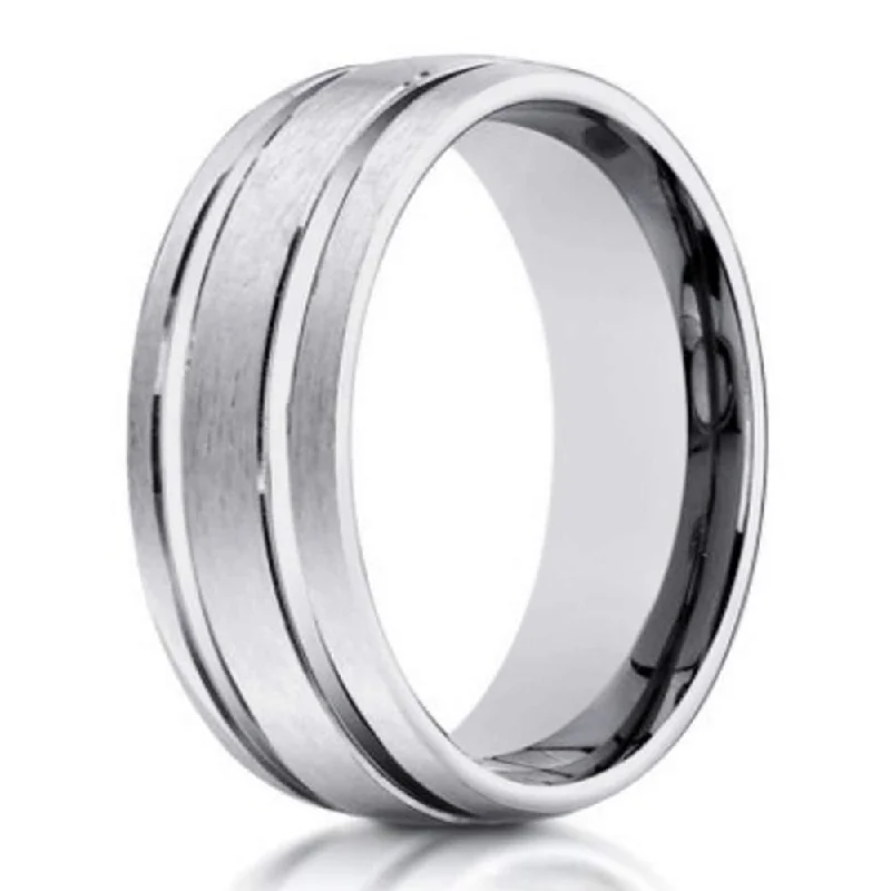 Arced wire ring-Men's 10K White Gold Wedding Ring With Polished Lines | 6mm