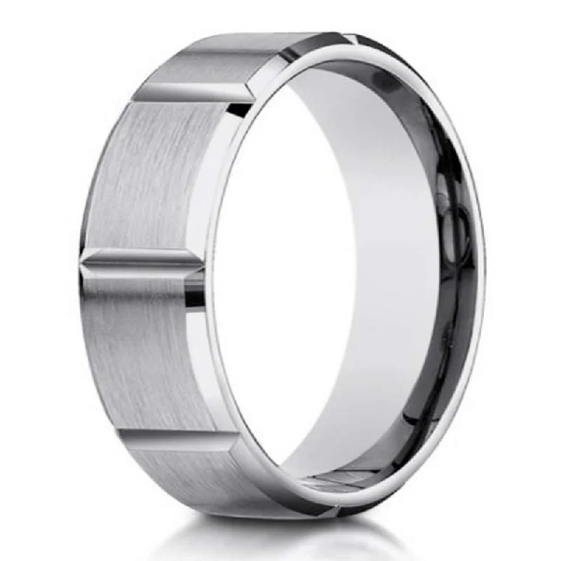 Angular gem ring-Designer Men's 10K White Gold Ring With Vertical Grooves | 6mm