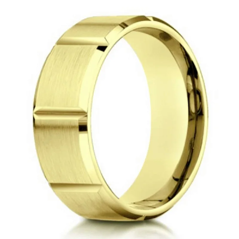 Thick-set pave ring-Designer Men's 10K Yellow Gold Band With Vertical Grooves | 6mm