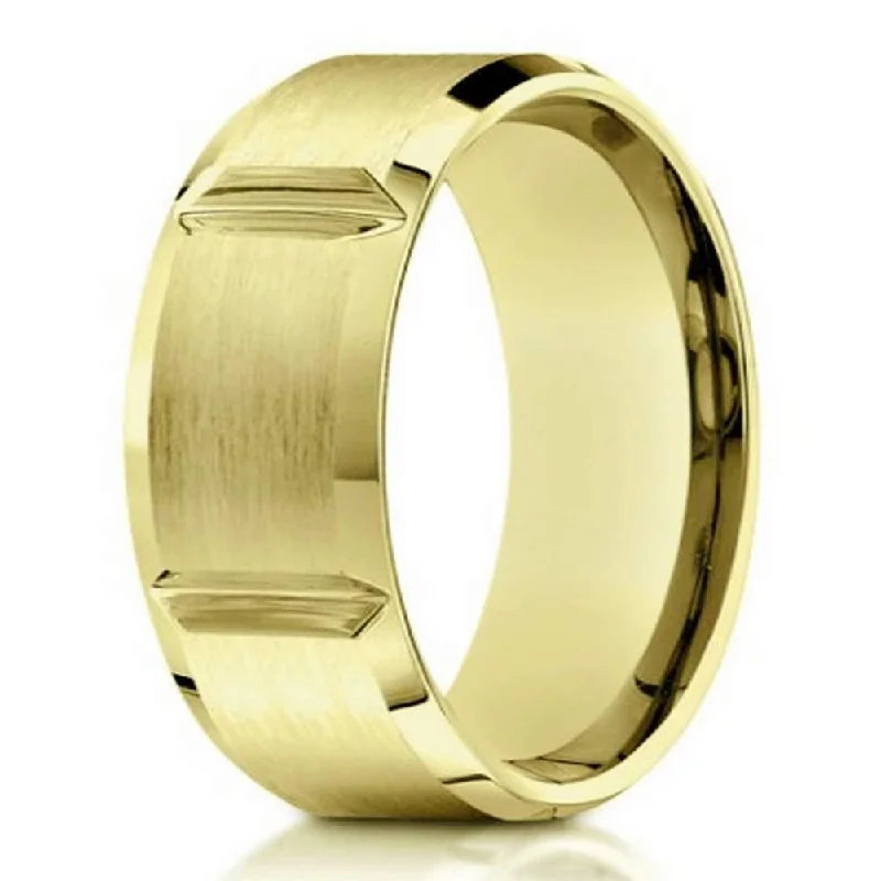 Tall gem ring-Designer Men's 10K Yellow Gold Wedding Ring With Grooves | 8mm