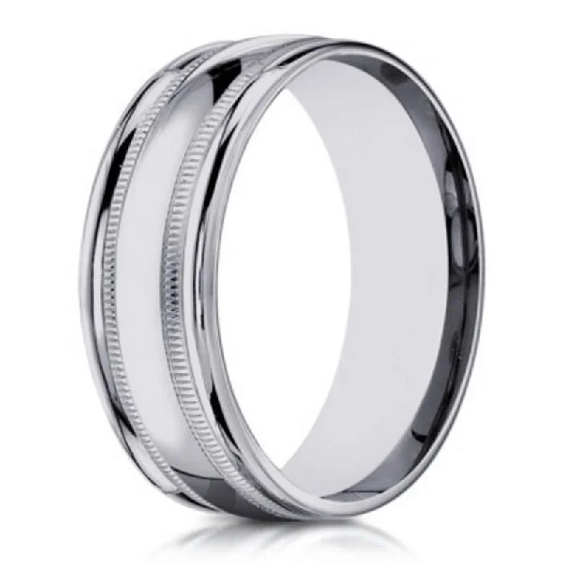 Shimmering ruby ring-Designer 10K White Gold Men's Wedding Ring With Milgrain | 6mm