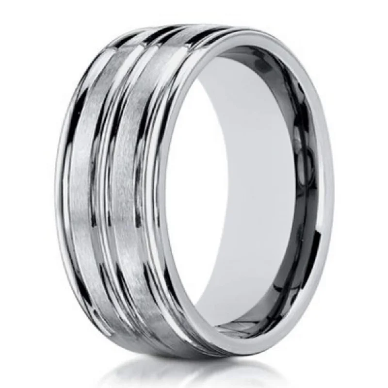 Dual-stone ring-Designer Men's 10K White Gold Ring With Polished Cuts | 8mm