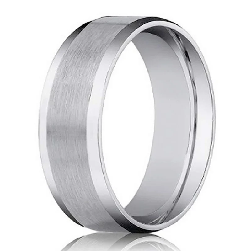 Bright diamond ring-8mm Men's Beveled Edge Satin Finish Comfort Fit 14KW Wedding Band