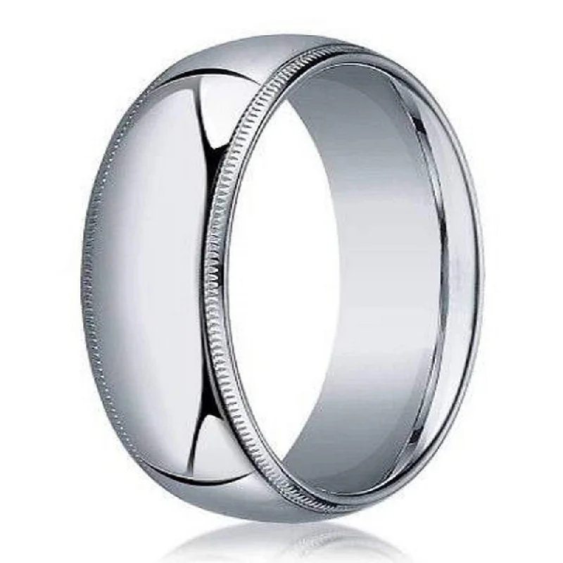 Streaked stone ring-8mm Domed Milgrain Polished Finish Comfort-fit 10K White Gold Wedding Band