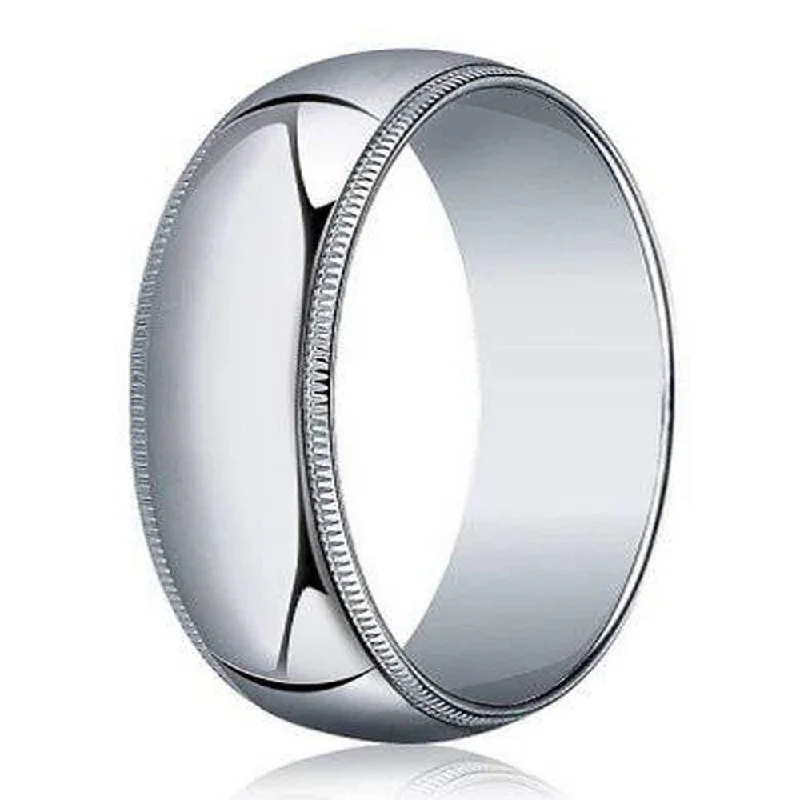 Glossy platinum ring-Designer 7 mm Traditional Fit Milgrain 10K White Gold Wedding Band