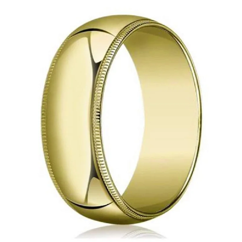 Striated edge ring-Designer 14K Yellow Gold Men's Wedding Ring, Classic Beaded- 8mm