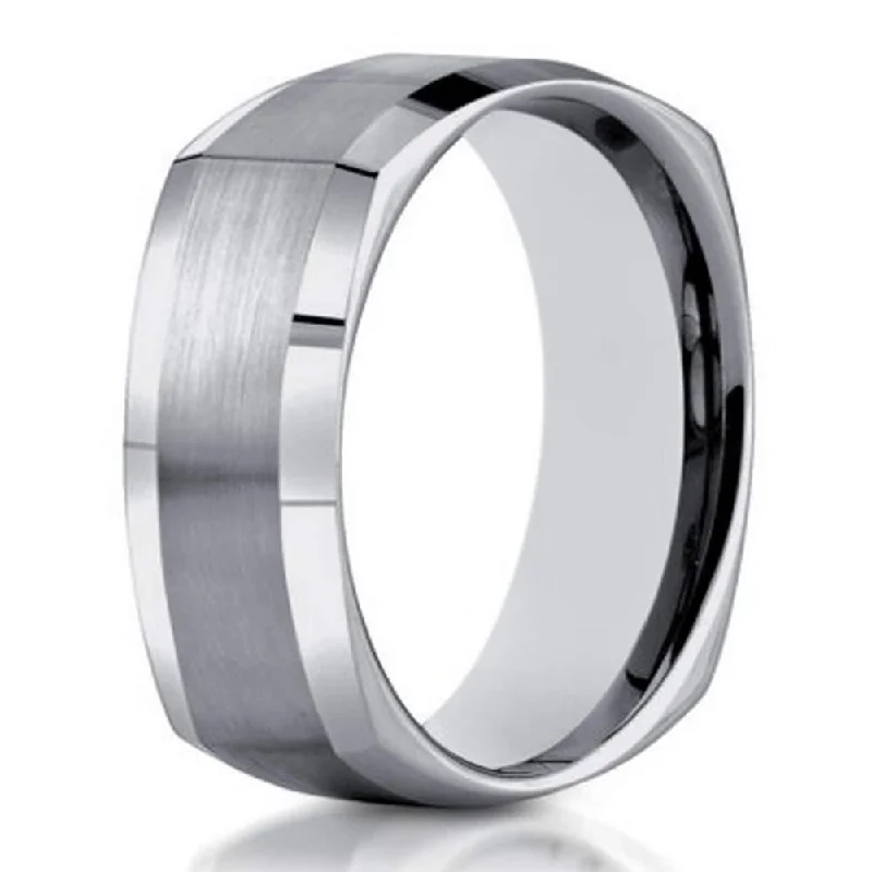 Curving pattern ring-7mm Designer 14k White Gold Ring for Men with Squared Profile