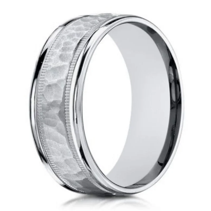 Scarred ring-8mm Designer Men's 14k White Gold Ring with Hammered Detail