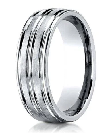 Slim diamond ring-Designer Men's Wedding Ring in Cobalt Chrome, Grooved Center, 8mm