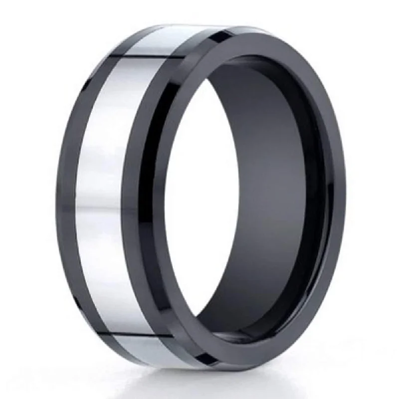 Fixed gem ring-Designer Cobalt Chrome & Black Ceramic Men's Wedding Ring -7mm