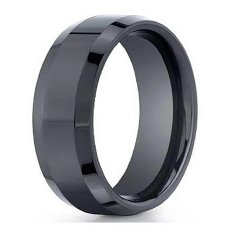 Optic ring-Men's Black Seranite Wedding Band w/ Beveled Edges-7mm