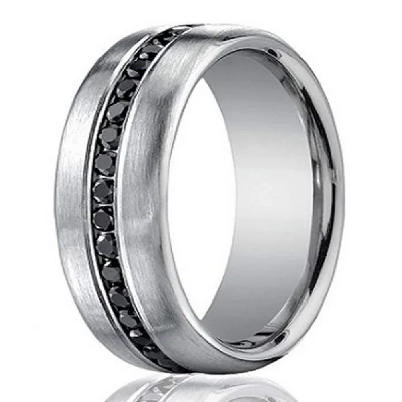 Narrow-tier ring-Designer 14K White Gold Men's Eternity Band, Black Diamond, 7.5mm