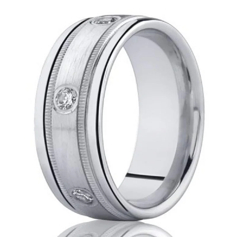 Worn-edge ring-8mm Mens White Gold Diamond Wedding Band in 14k with Milgrain