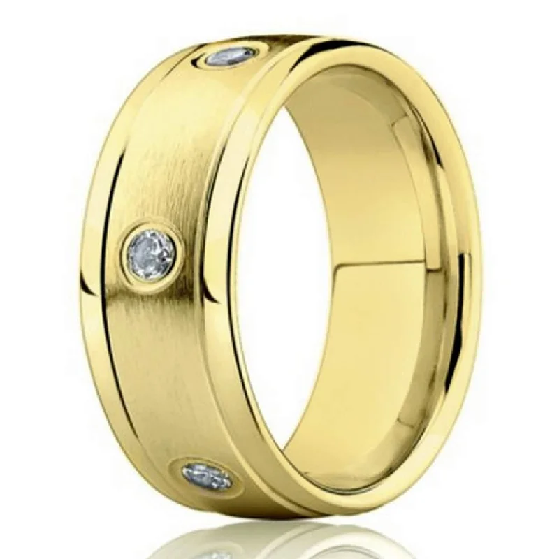 Extended gem ring-6mm 14k Yellow Gold Mens Wedding Band with Bezel Set Diamonds