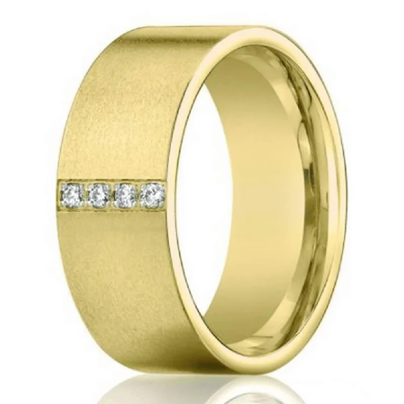 Textured iron ring-8mm 14k Yellow Gold Mens Pave  Diamond Wedding Band