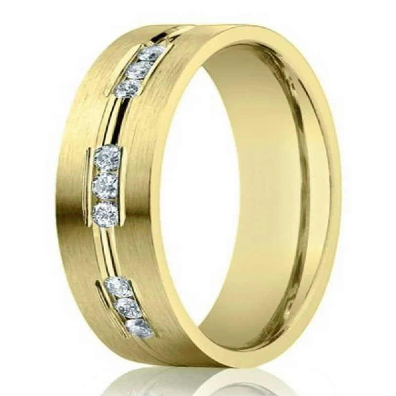 Glossy gem ring-6mm Designer 14k Yellow Gold Wedding Ring for Men with Diamonds