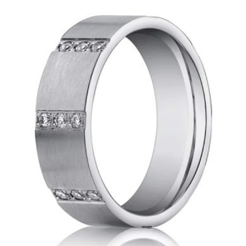 Mottled finish ring-6mm Men’s 14k White Gold Wedding Band Pave Diamond Rows