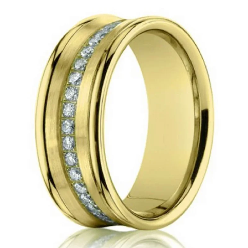 Glinting silver ring-7.5mm 14k Yellow Gold Mens Wedding Ring with Pave-Set Diamonds