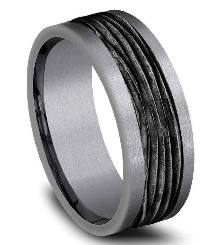 Curled rim ring-Benchmark 8mm Black Titanium Bark Design Center with Tantalum Edges