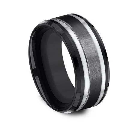 Worn-edge ring-Black Titanium 9mm Comfort-fit Drop Beveled Edge Satin Finish Center Design Ring