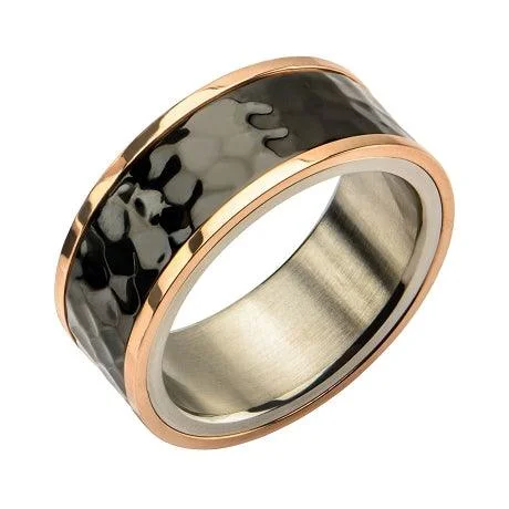 Divided shank ring-Stainless Steel Tri-Tone Hammered Finish Ring-11mm