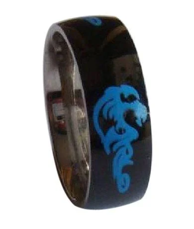 Lined band ring-Black Stainless Steel Ring With Blue Dragon Design-8mm